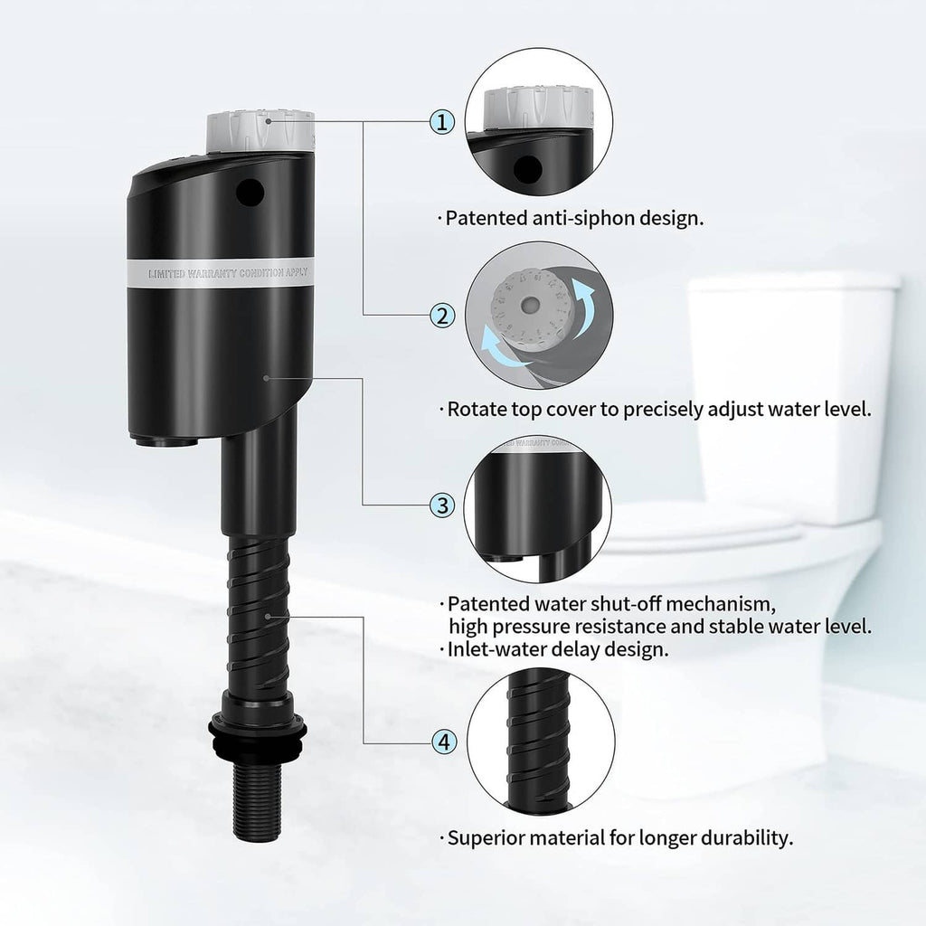 Quiet toilet fill valve with black housing and flexible water supply hose connector