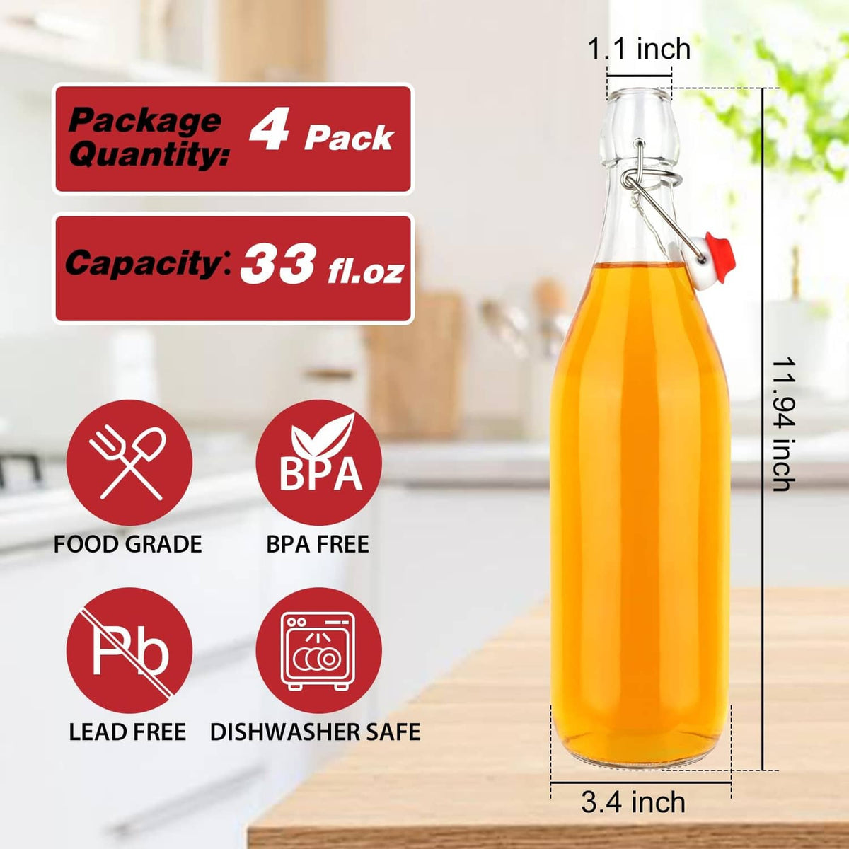 Clear glass swing-top bottle with red flip cap, filled with amber orange liquid