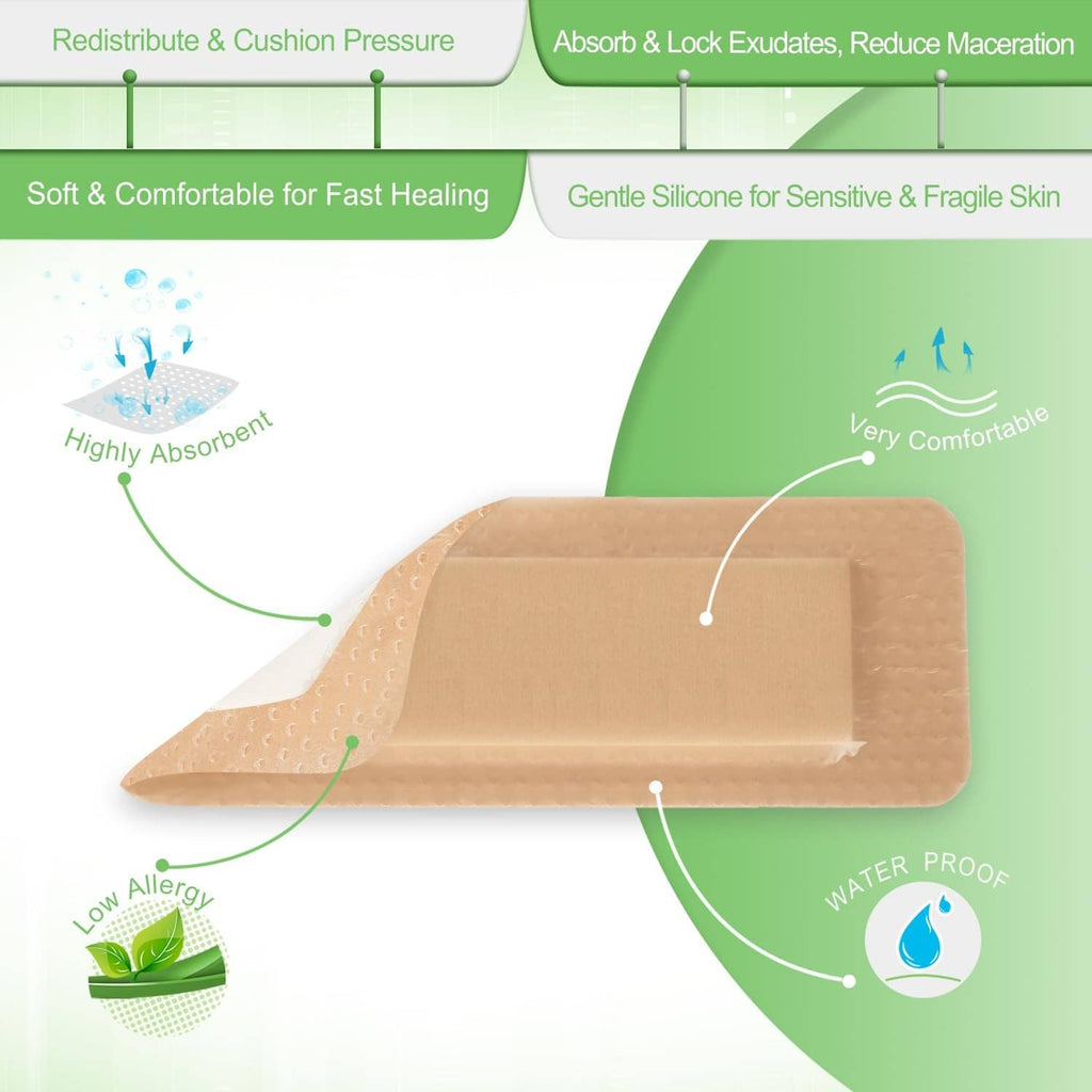 Tan silicone foam border dressing with visible absorbent foam pad