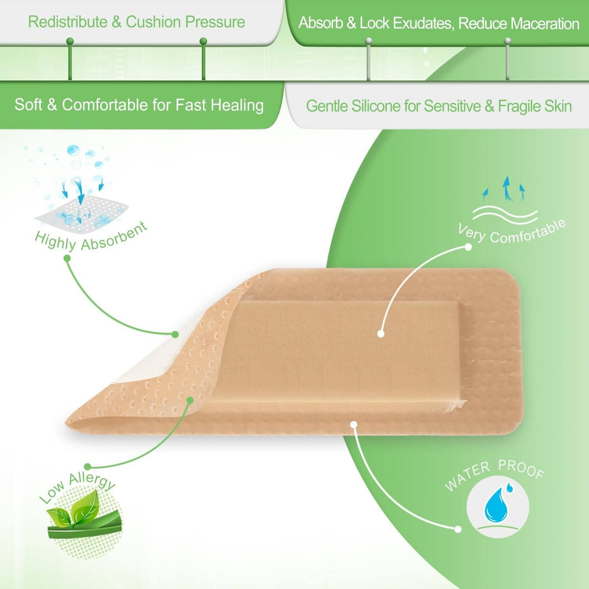 Tan silicone foam border dressing with visible absorbent foam pad