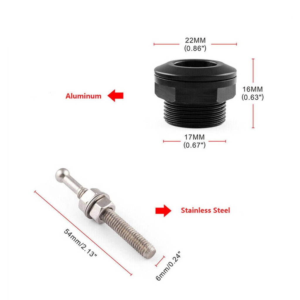 Black hood latch pin body with stainless steel bolt, with size measurement markings