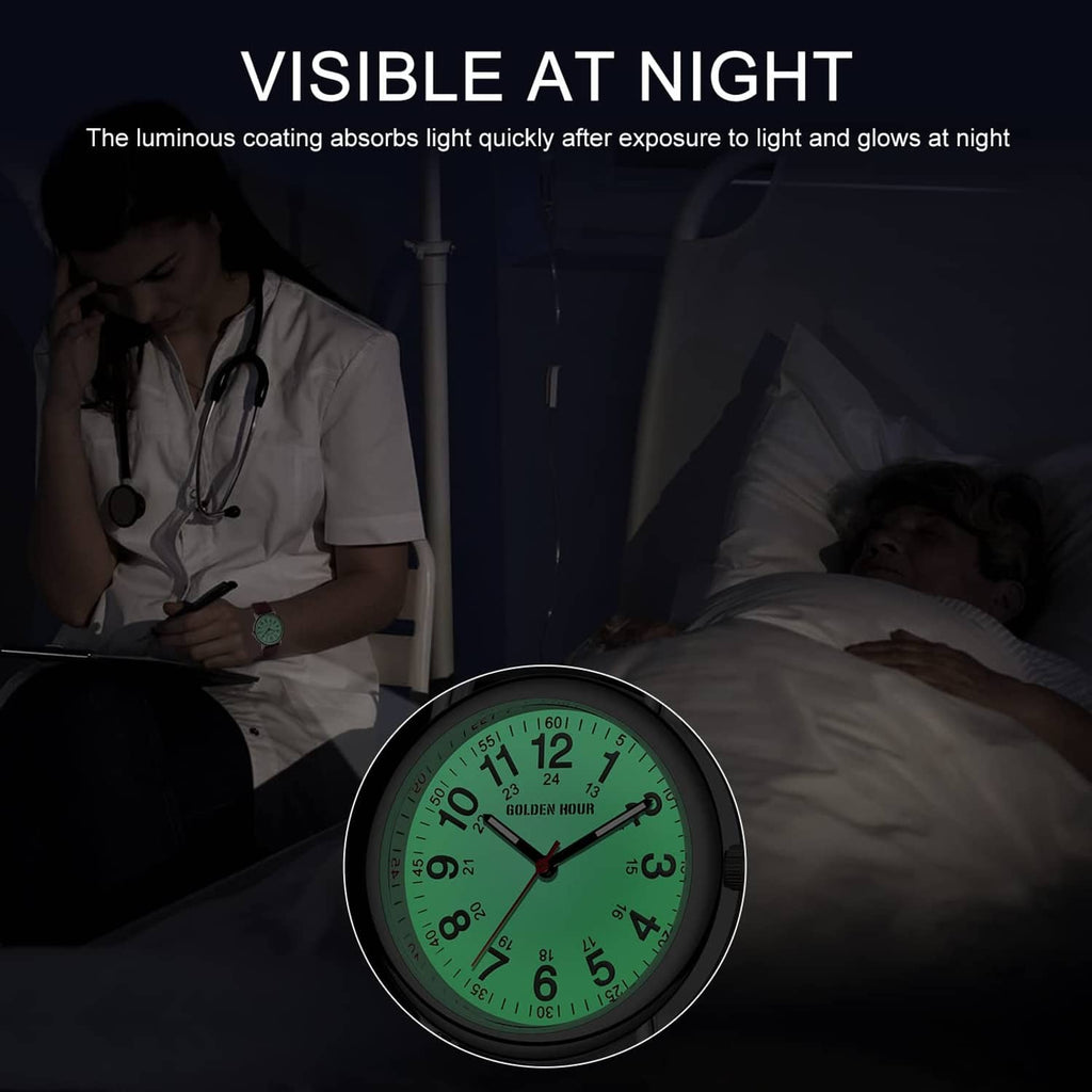 Nurse watch with wine-red strap, rose-gold case, glowing green dial in low light