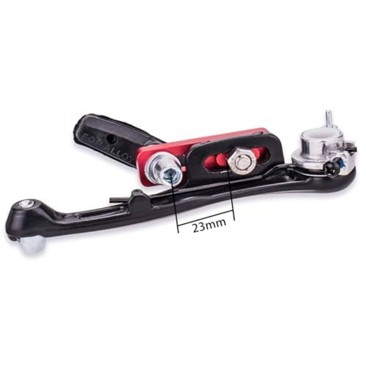 Red V-brake extension converter installed on bicycle brake with mounting hardware