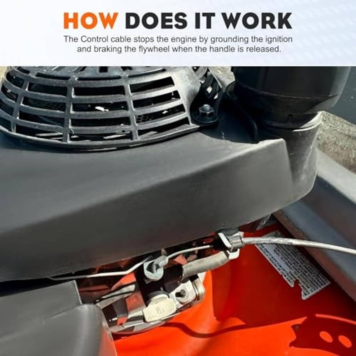Installed engine control cable with metal spring clips near mower engine housing