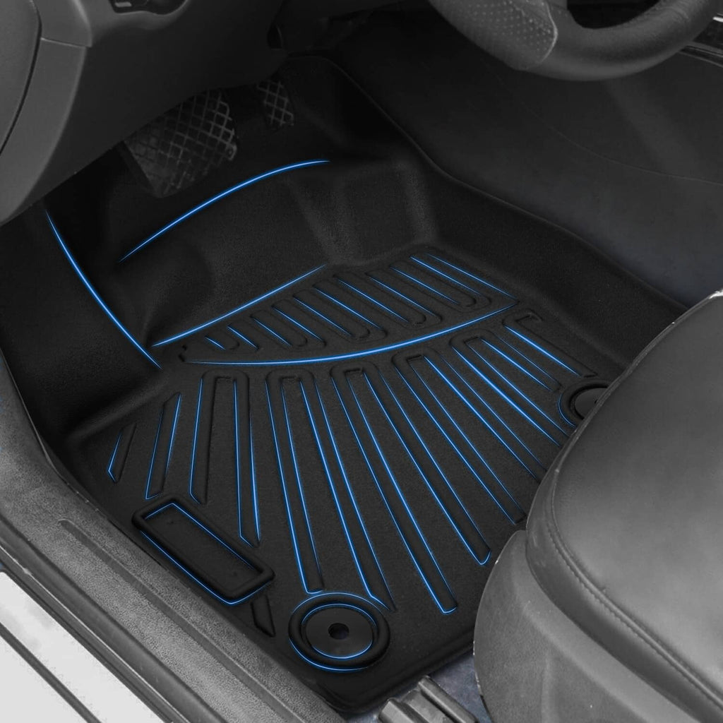 Black rubber floor mats with blue accent ridges for slip-resistant protection