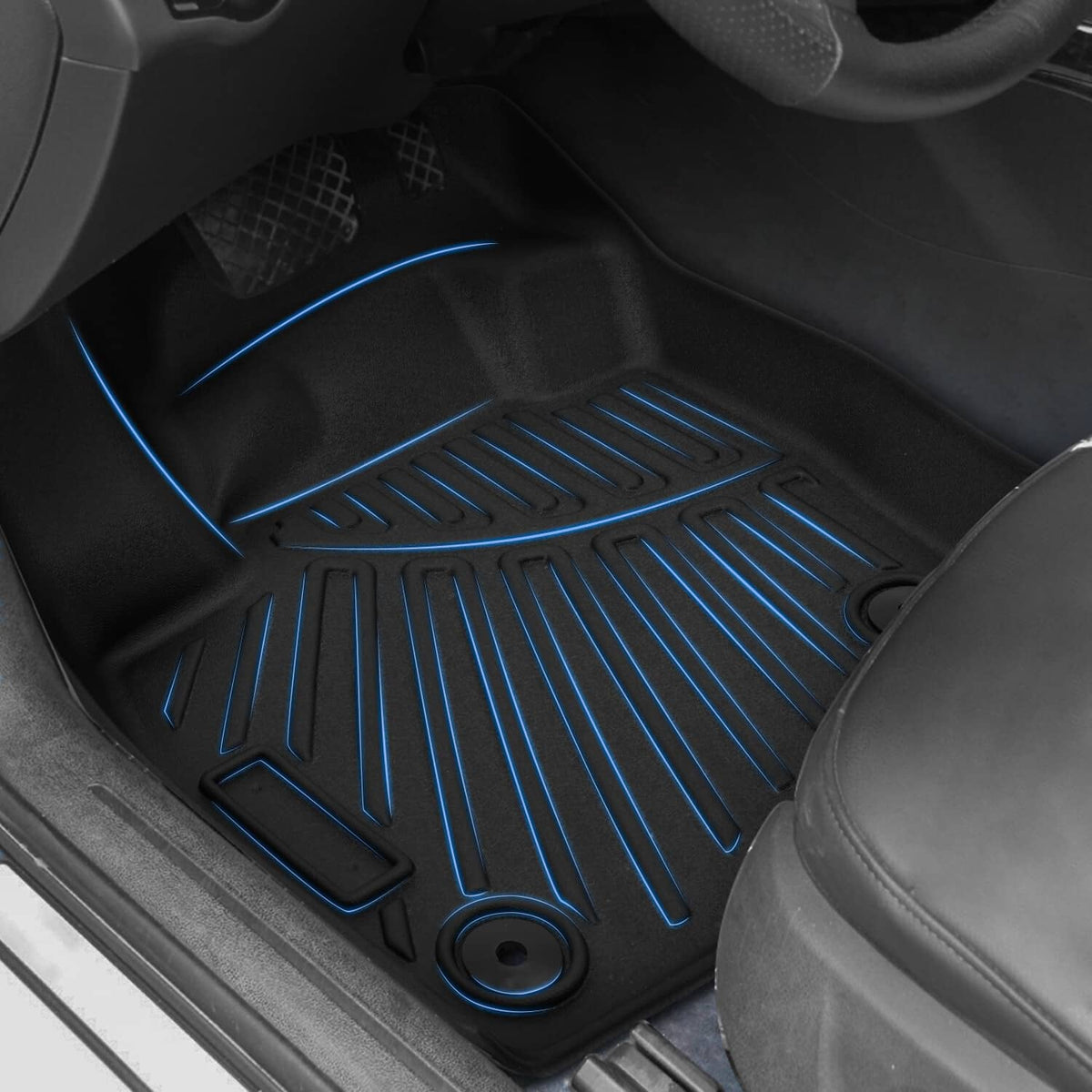 Black rubber floor mats with blue accent ridges for slip-resistant protection