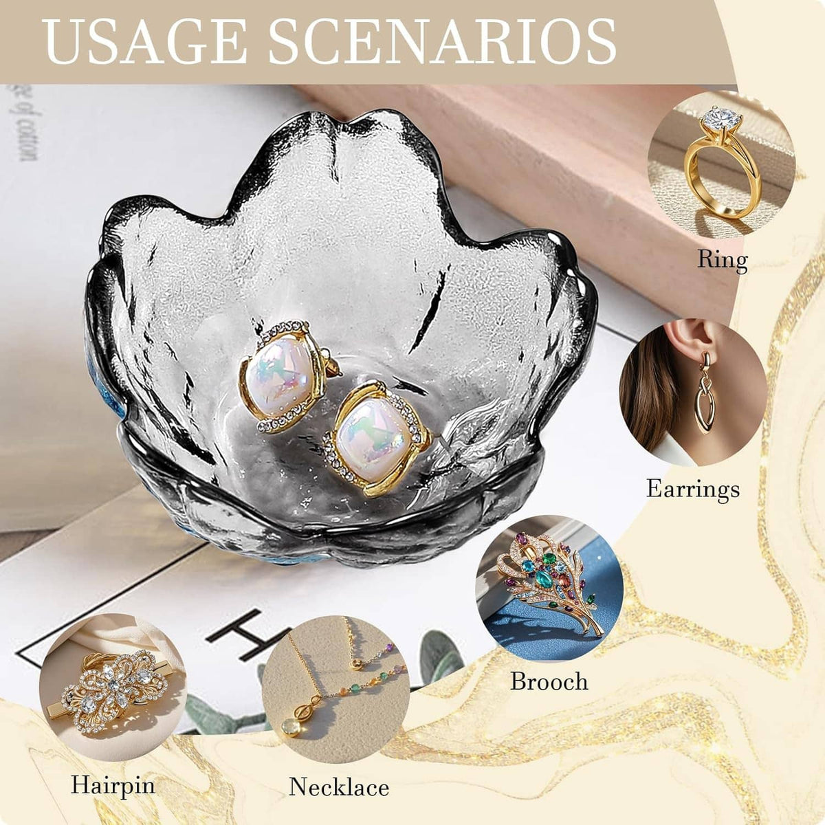 Scalloped glass trinket dish shown with multiple jewelry types: ring, earrings, necklace