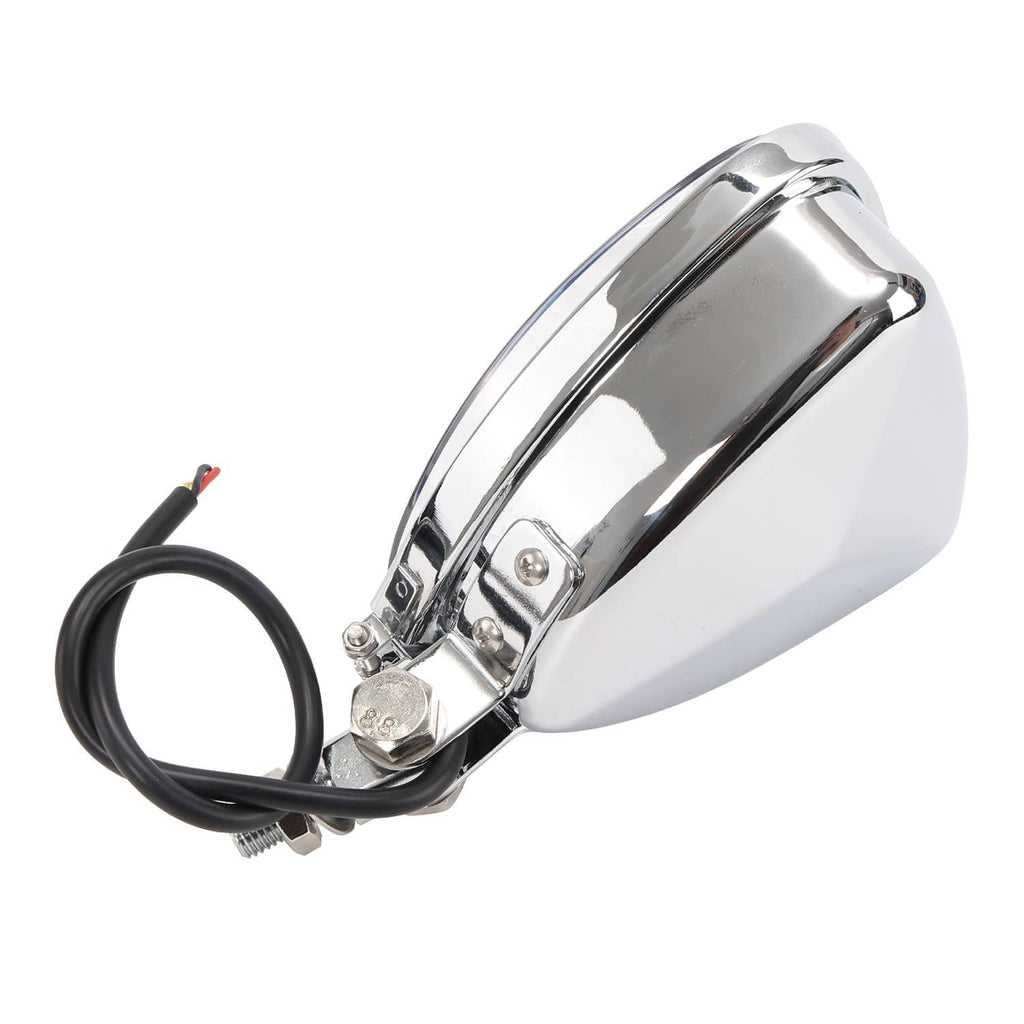 Chrome triangular LED headlight housing with back mounting hardware and attached black wires