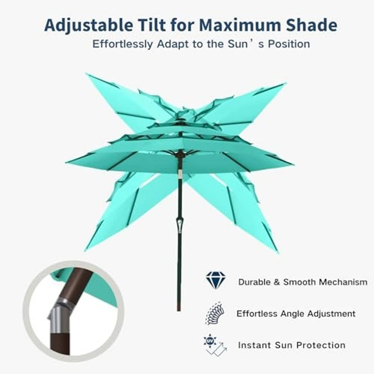 Turquoise three-tier umbrella with adjustable tilt mechanism on central pole