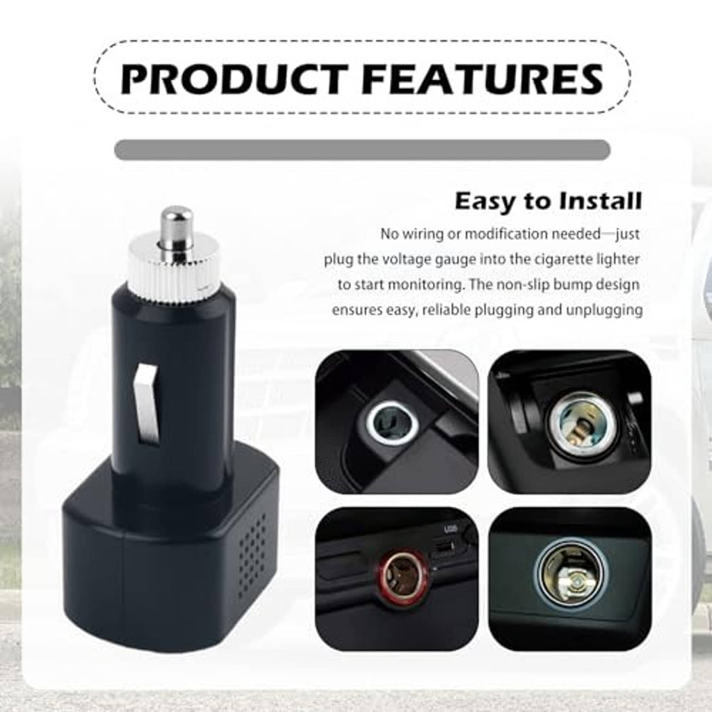 Car cigarette lighter voltage meter with black body and metal plug insert detail