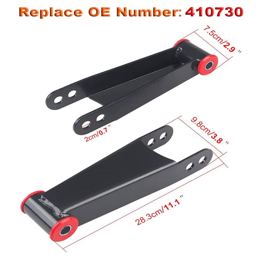 Black steel rear shackles with red bushing ends and bolt holes on mounting tabs