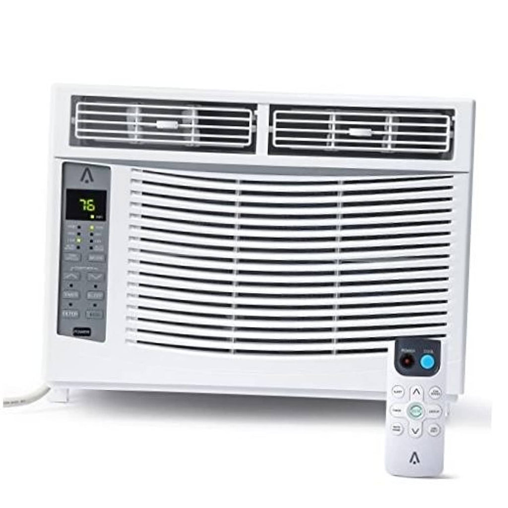 White window air conditioner with front vents and digital control panel.
