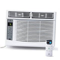 White window air conditioner with front vents and digital control panel.