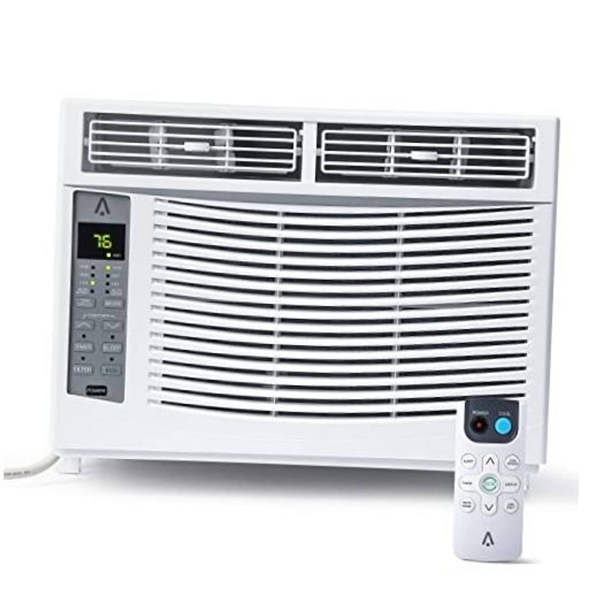 White window air conditioner with front vents and digital control panel.
