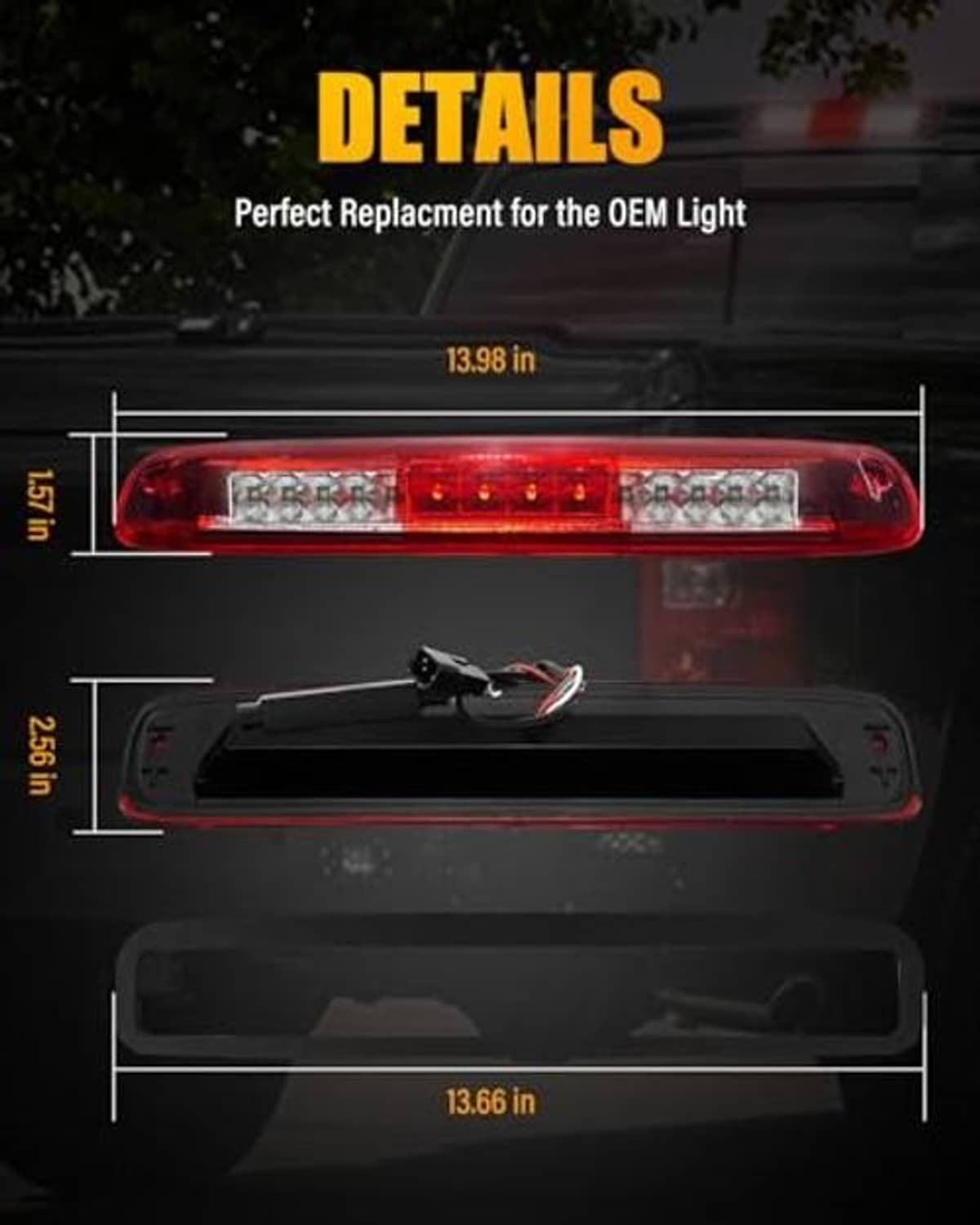 LED third brake light with red lens, size diagram, and wiring connector