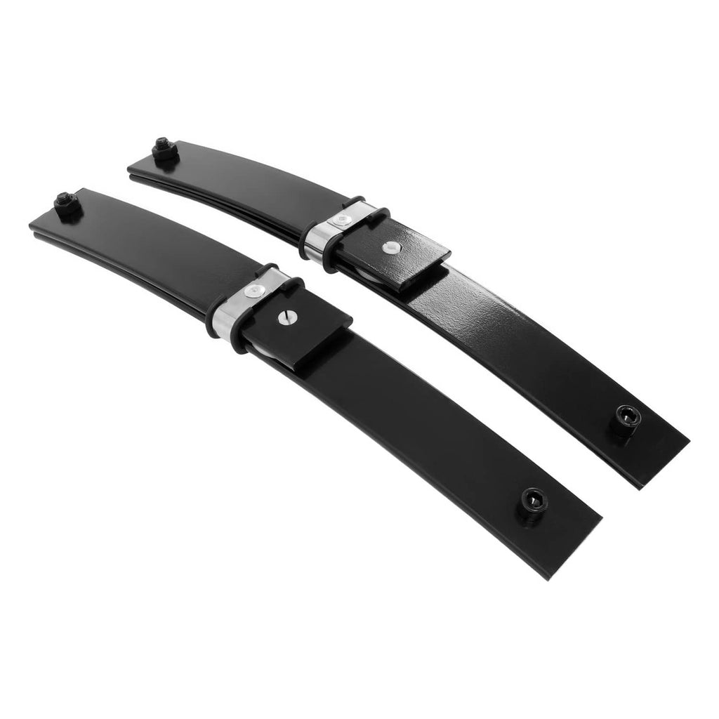 Front leaf springs with black curved steel plates and metal hardware brackets