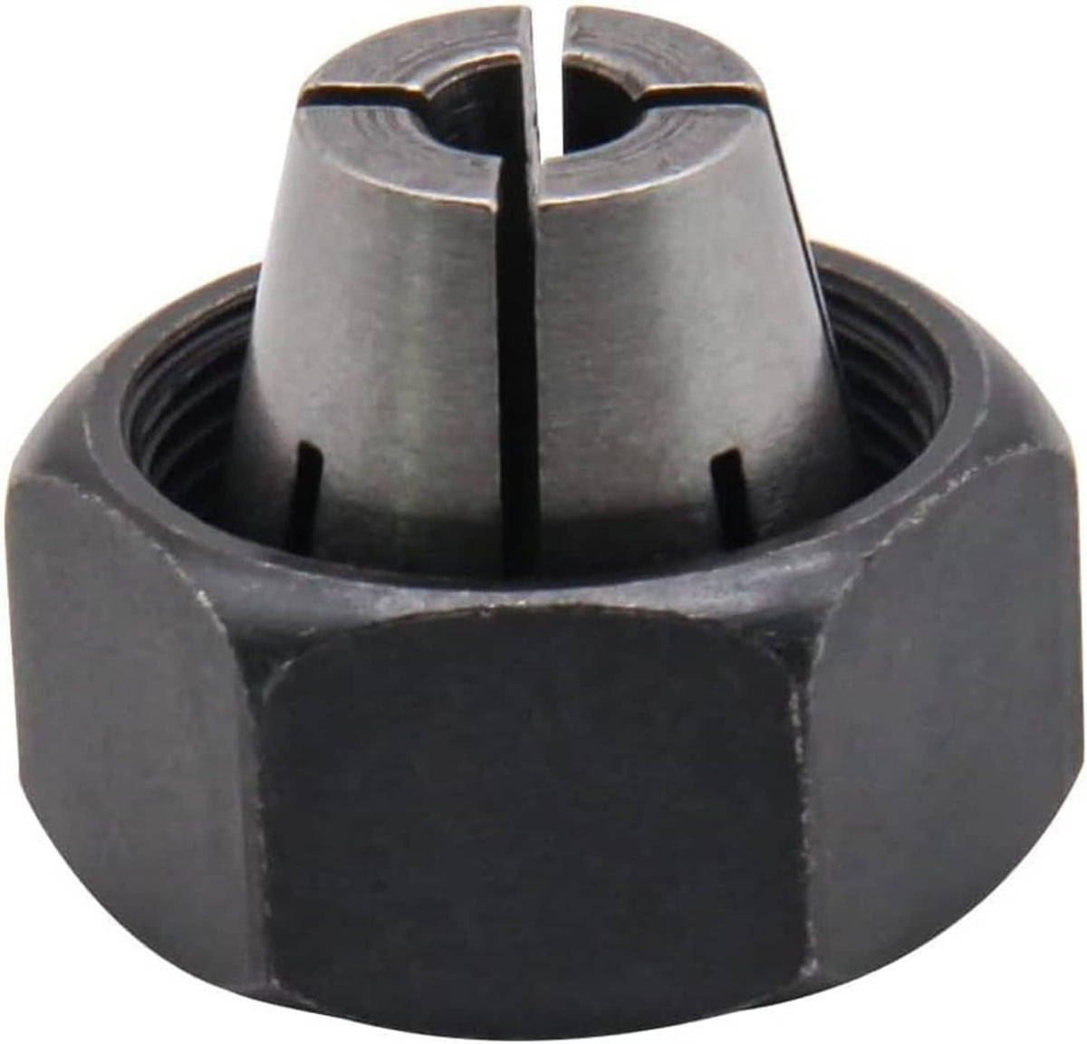 Black 1/4-inch router collet close-up, top view of silver insert and teeth