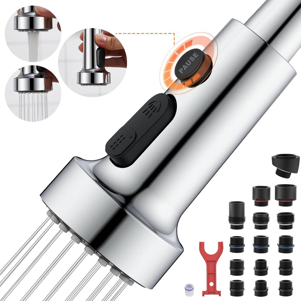 Chrome kitchen faucet spray head replacement with black pause control button