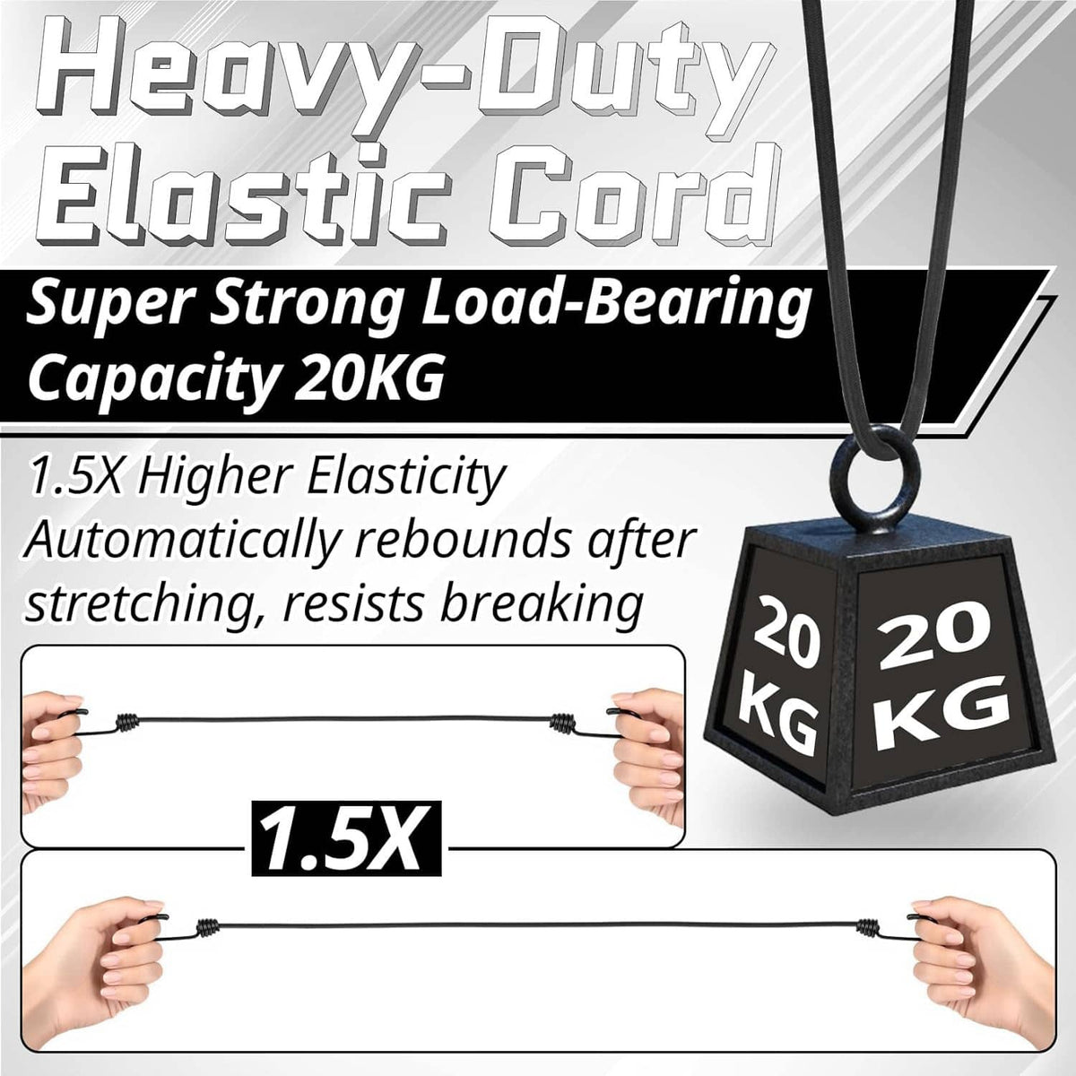 Heavy-duty black bungee cord with metal hook and reinforced elastic
