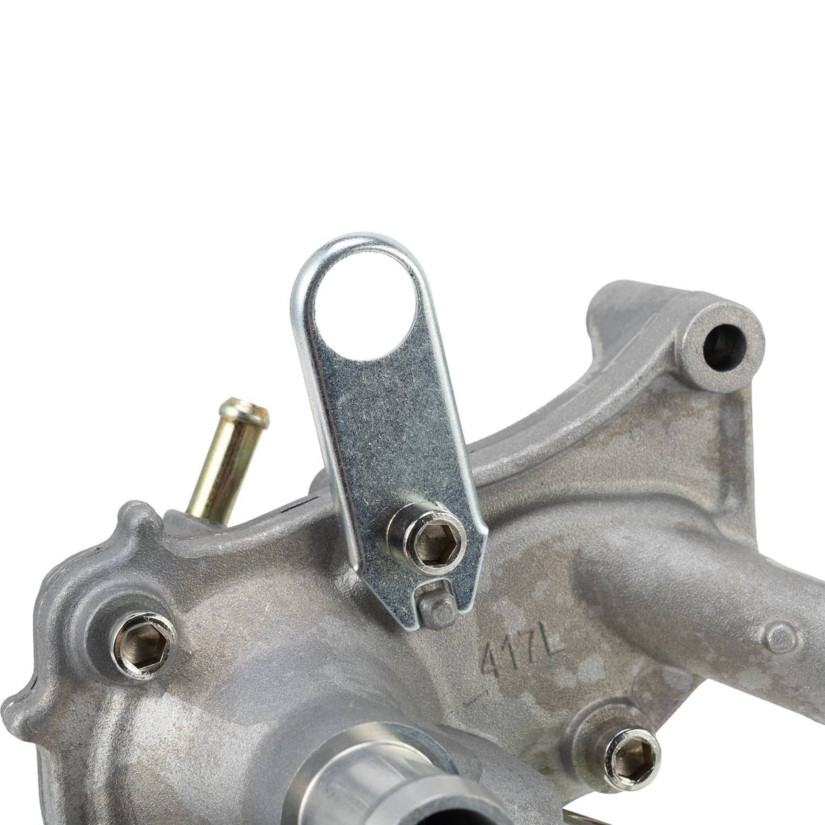 Water pump assembly with metal bracket and bolt holes on silver aluminum body