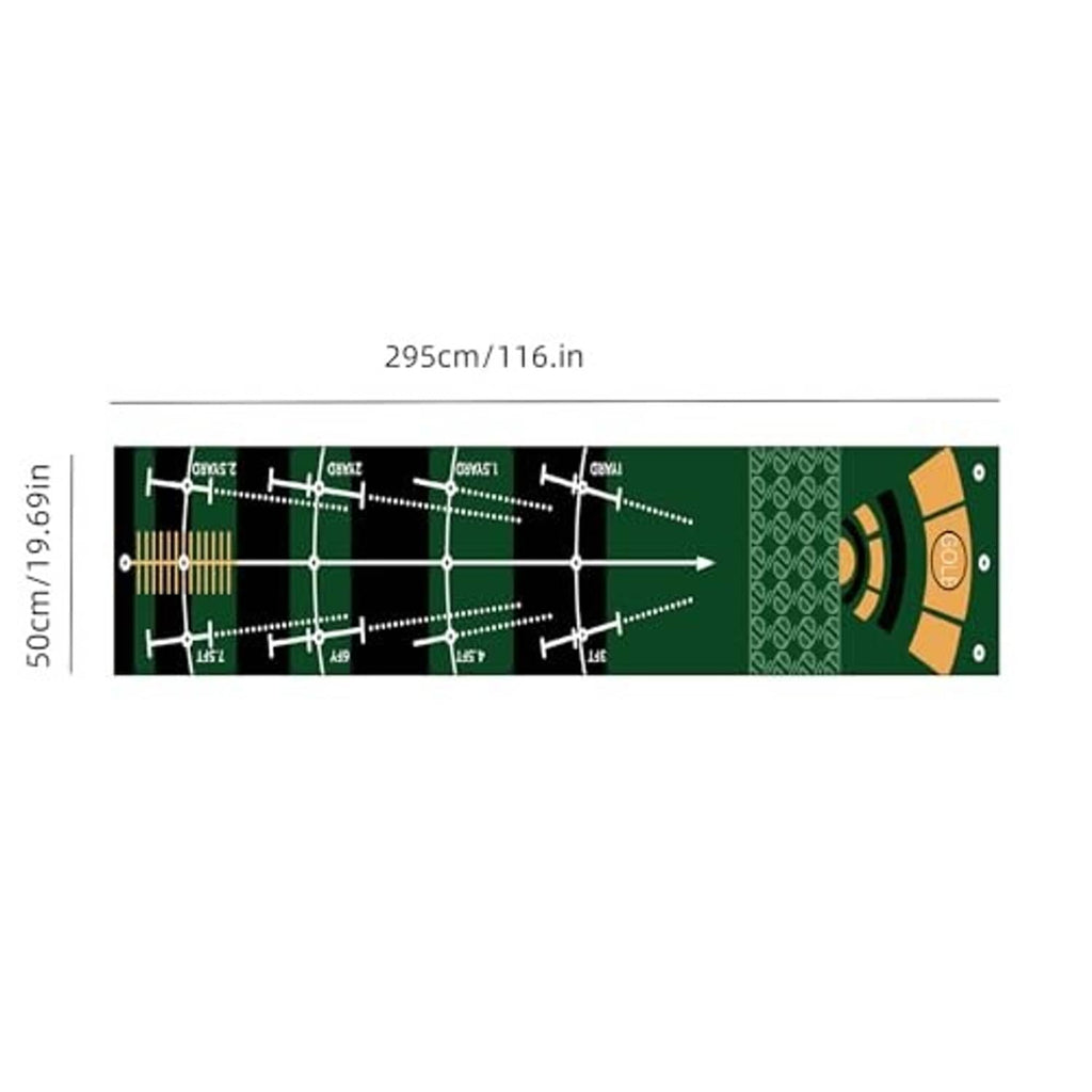 Long green golf putting practice mat with miniature hole map and guide lines