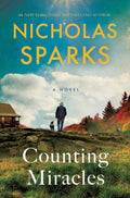 Hardcover novel book cover, teal sky and countryside landscape with two people in foreground