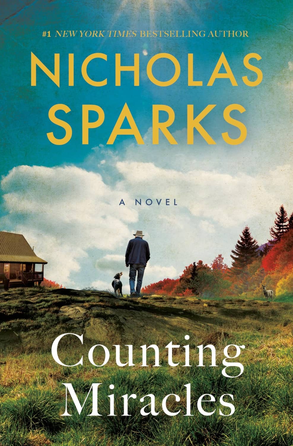 Hardcover novel book cover, teal sky and countryside landscape with two people in foreground