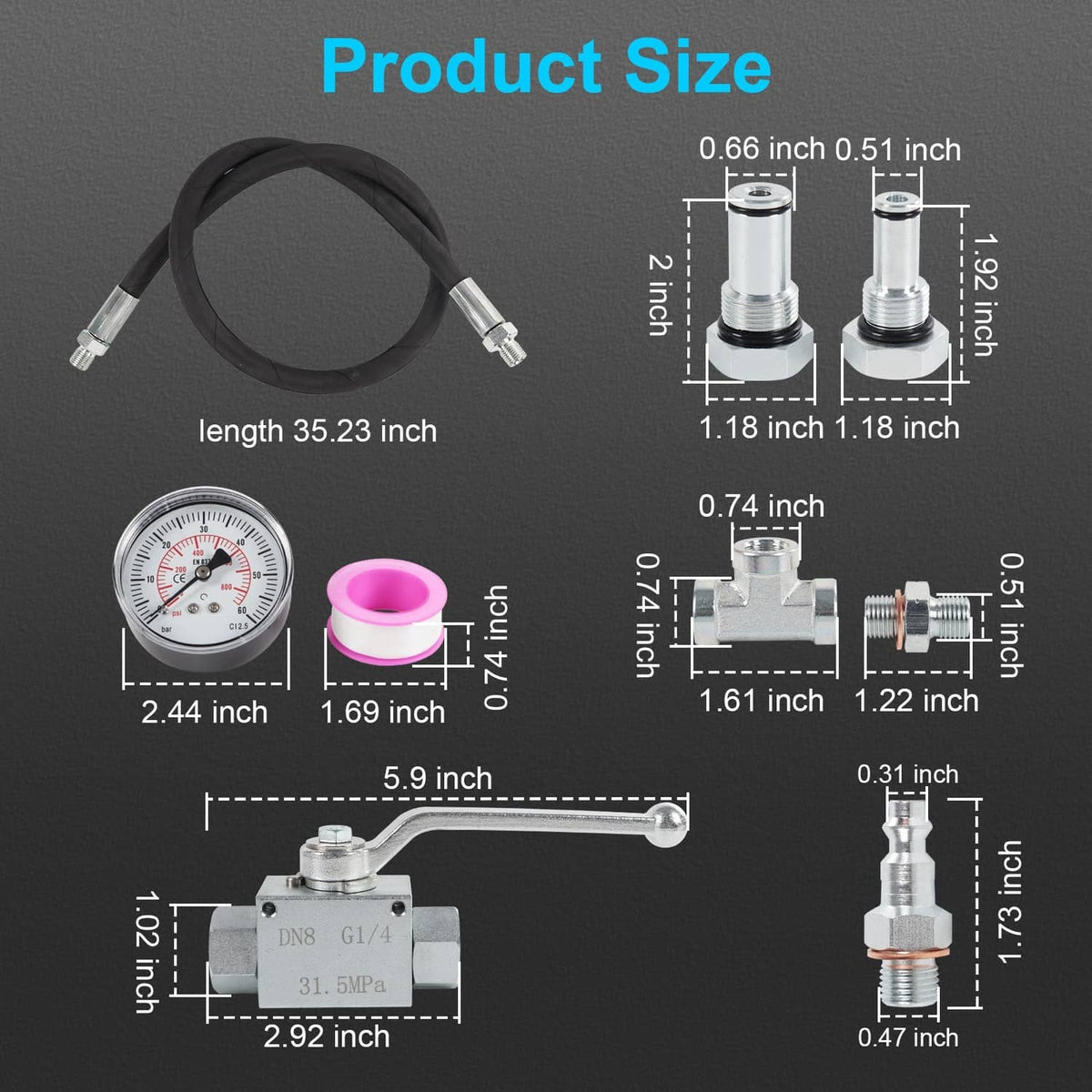 High pressure IPR air test tool kit with gauge, hose, valve, and connector fittings