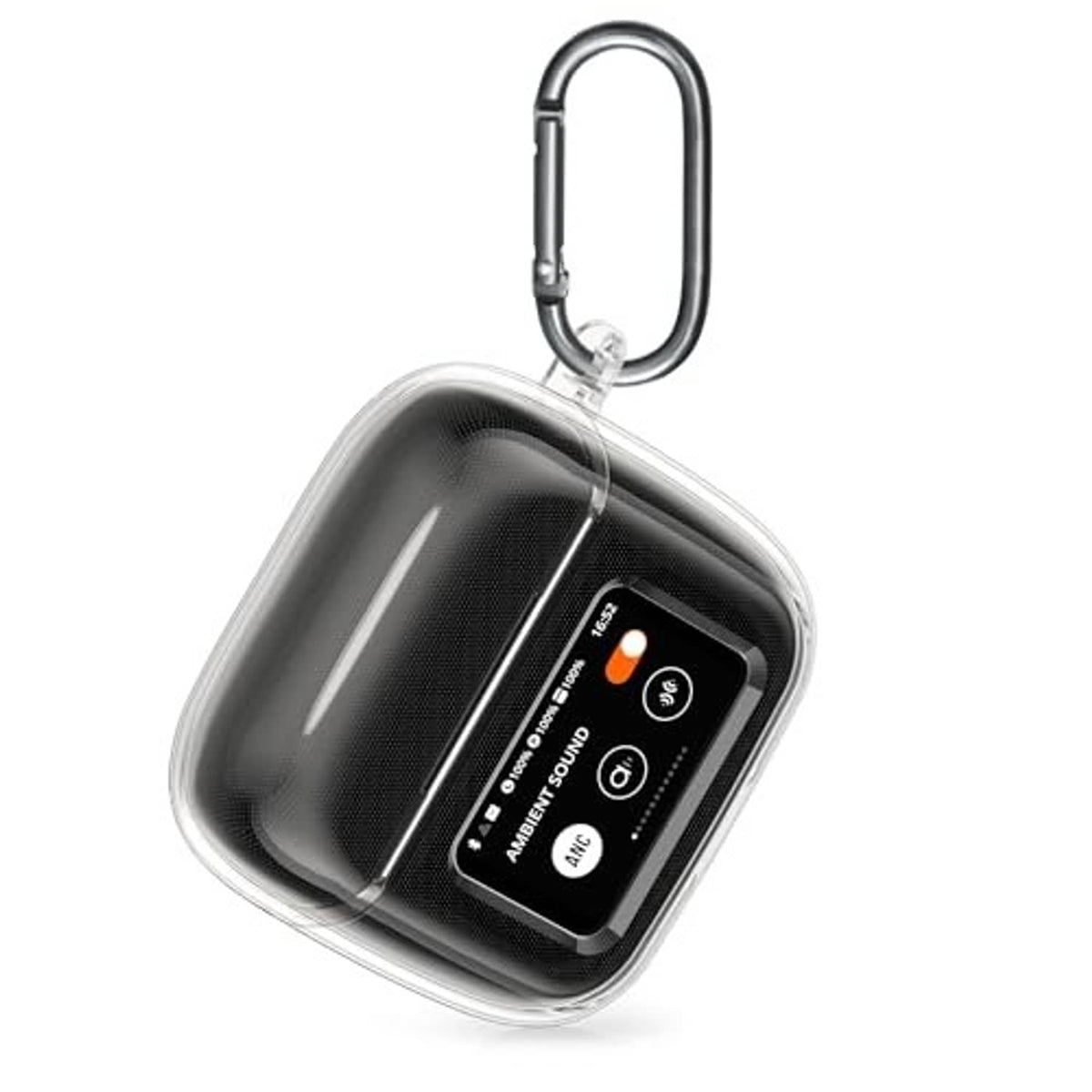 Transparent TPU earphone case with hanging carabiner loop, glossy protective fit.