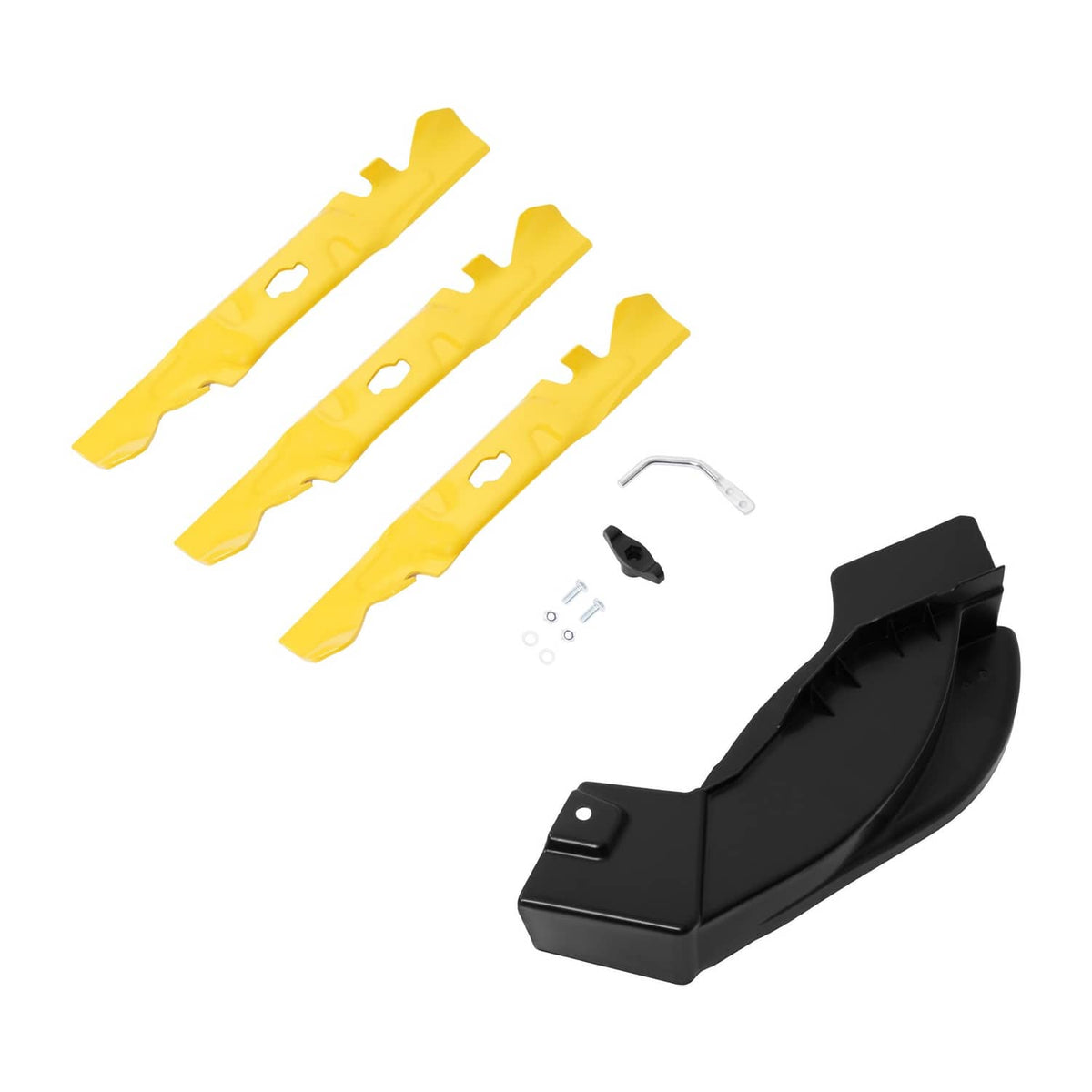 Mulching kit blade set with three yellow mulching blades, black cover, and small mounting parts
