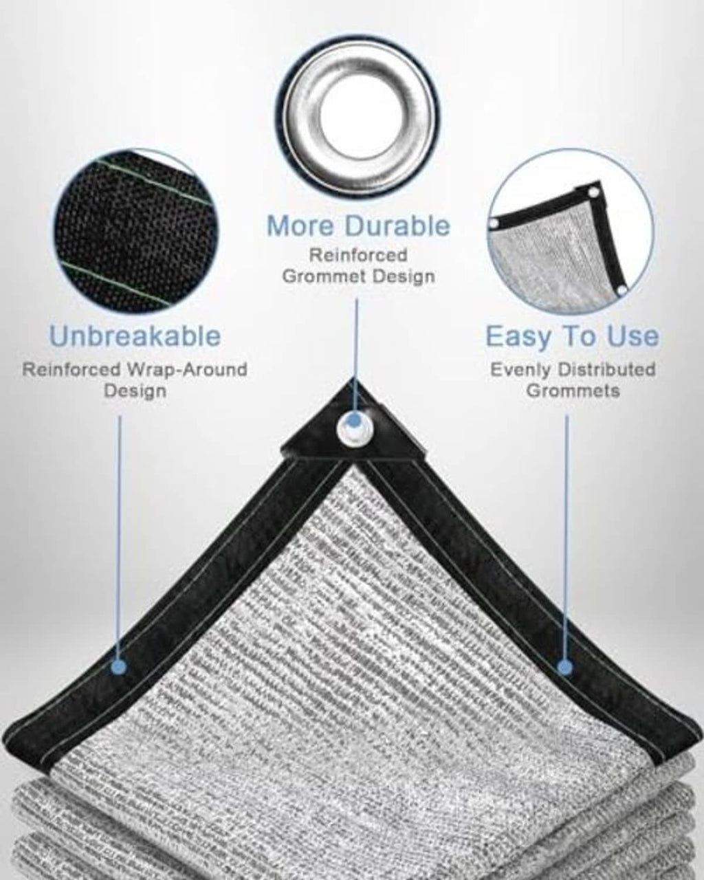 Reflective aluminet shade cloth corner with reinforced wrap grommet and eyelets