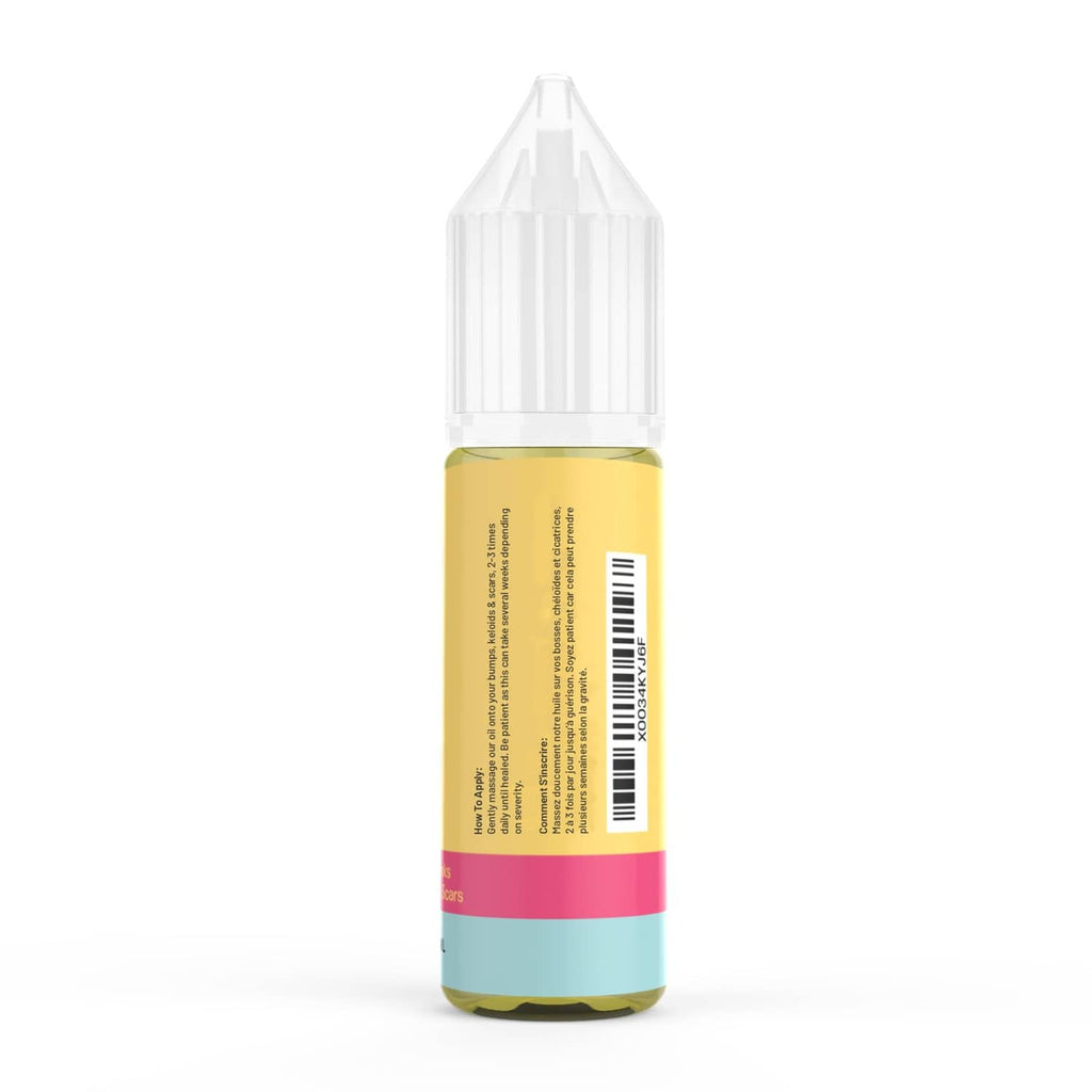 Piercing bump solution bottle back view with barcode and ingredient directions label.