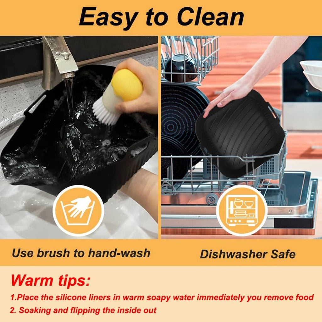 Black silicone air fryer liner shown being cleaned and dishwasher-safe