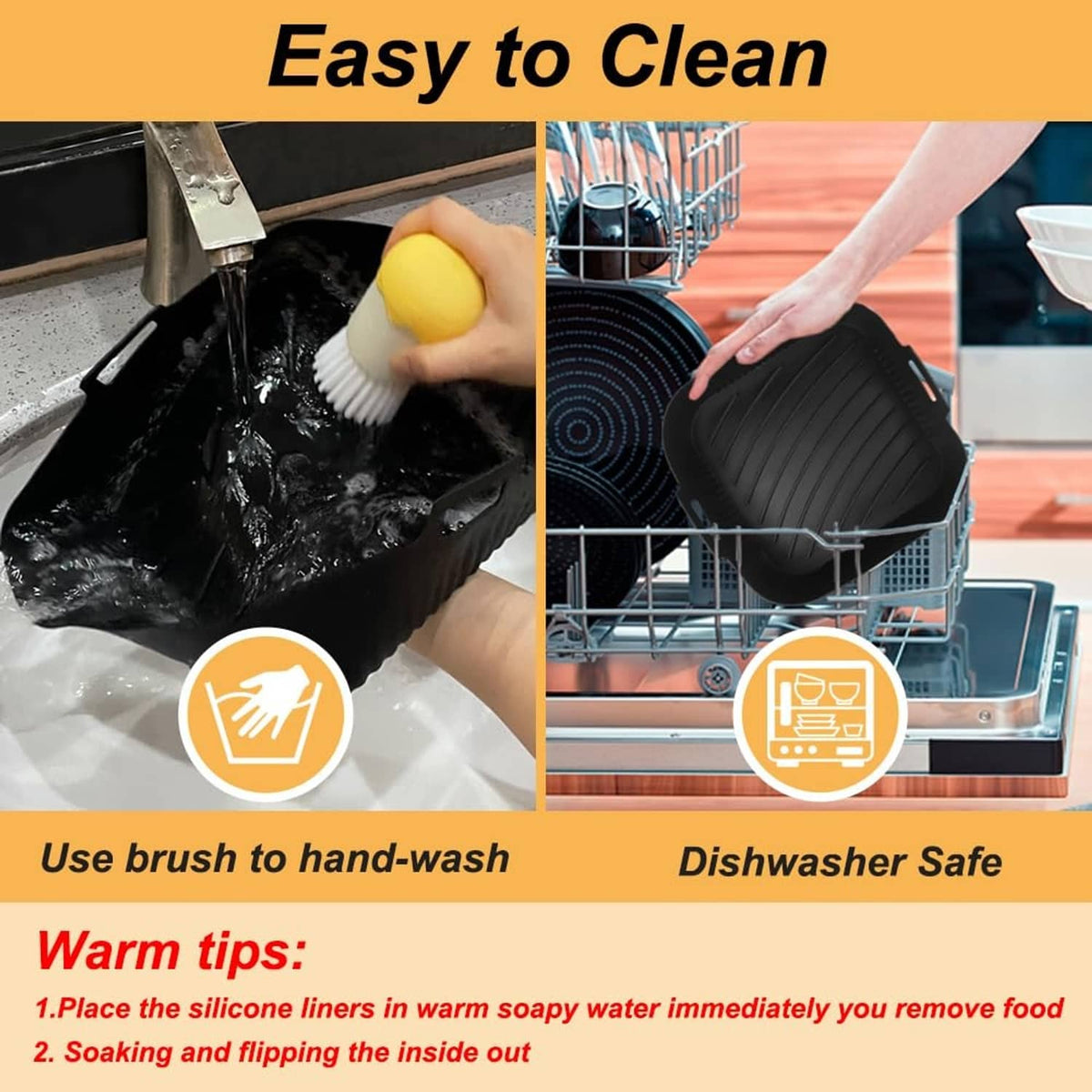 Black silicone air fryer liner shown being cleaned and dishwasher-safe