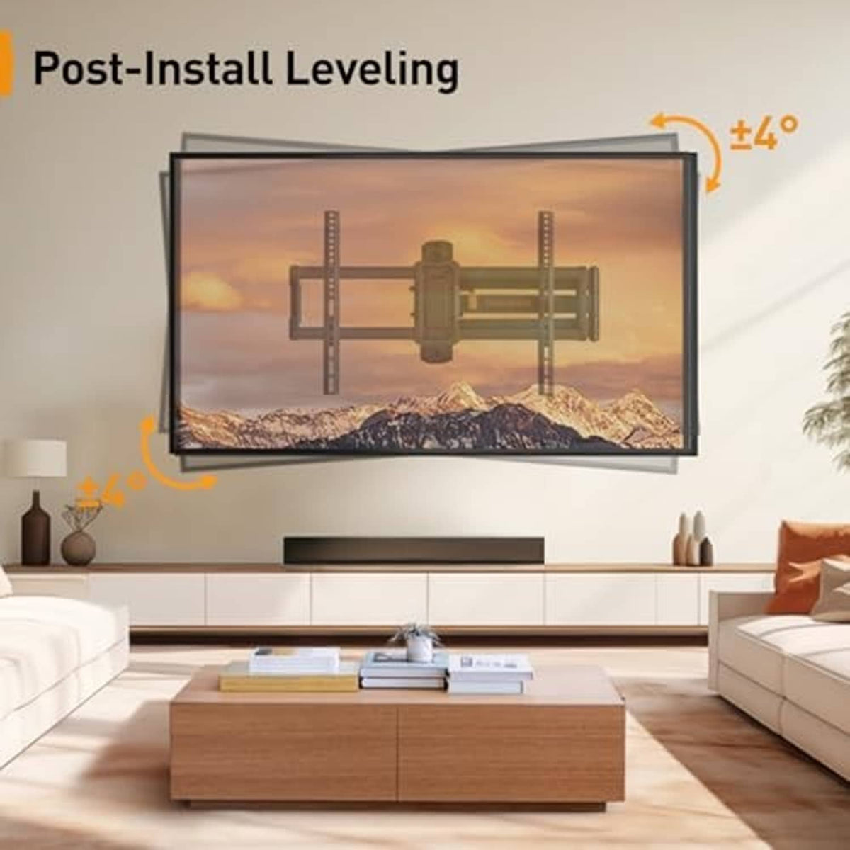 Corner TV mount with post-install leveling adjustment feature on mounting arms