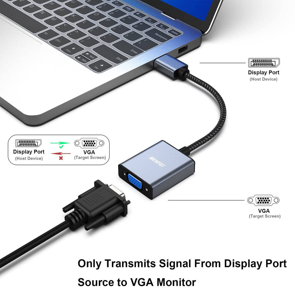 Compact grey adapter box with blue VGA output and braided cable for DisplayPort conversion