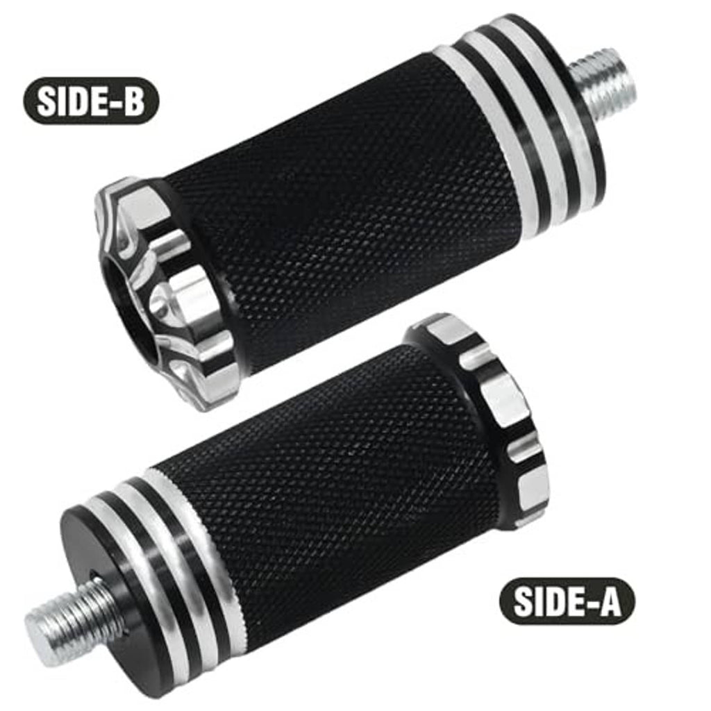 Two black textured shifter pegs with silver ring accents and threaded mounting bolts