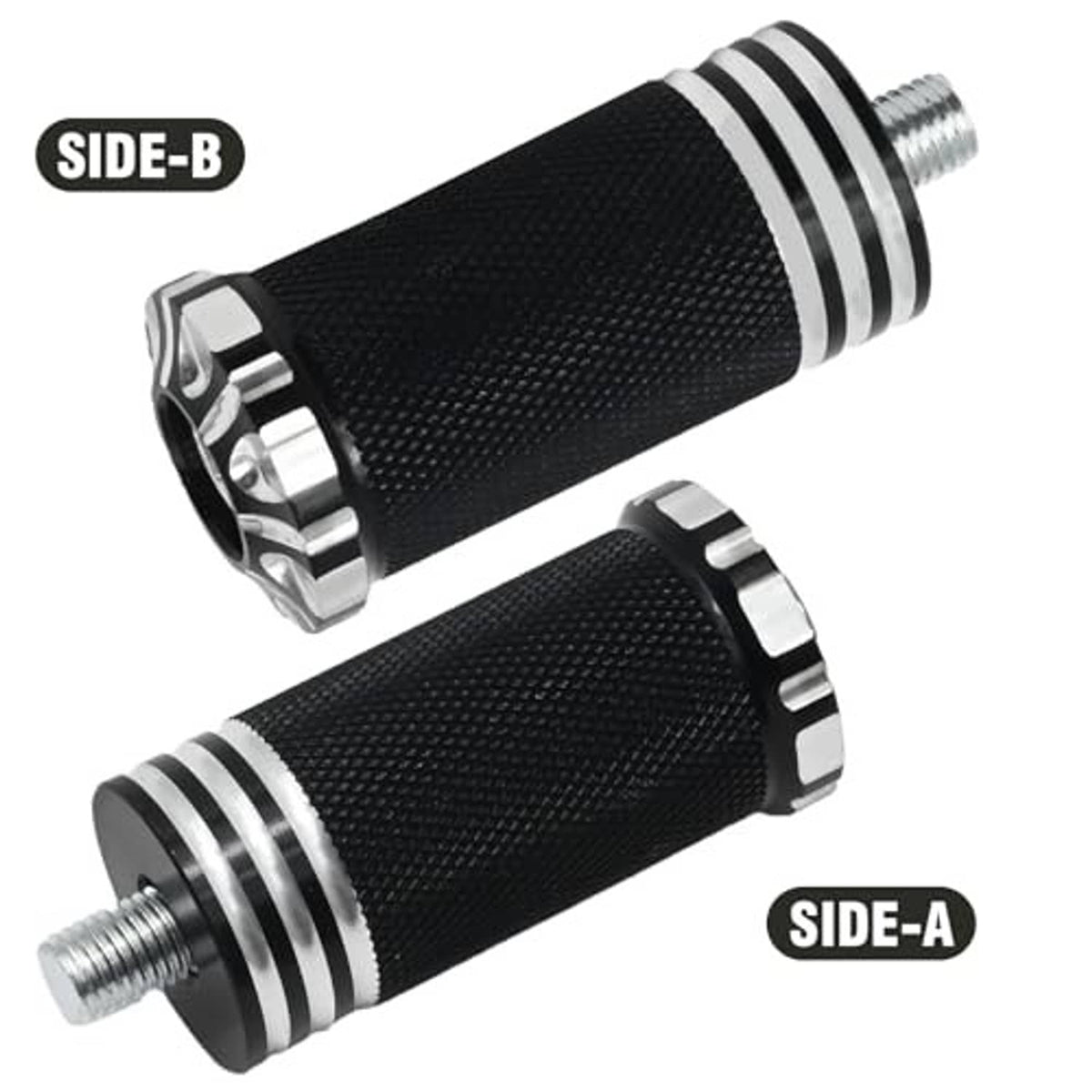 Two black textured shifter pegs with silver ring accents and threaded mounting bolts