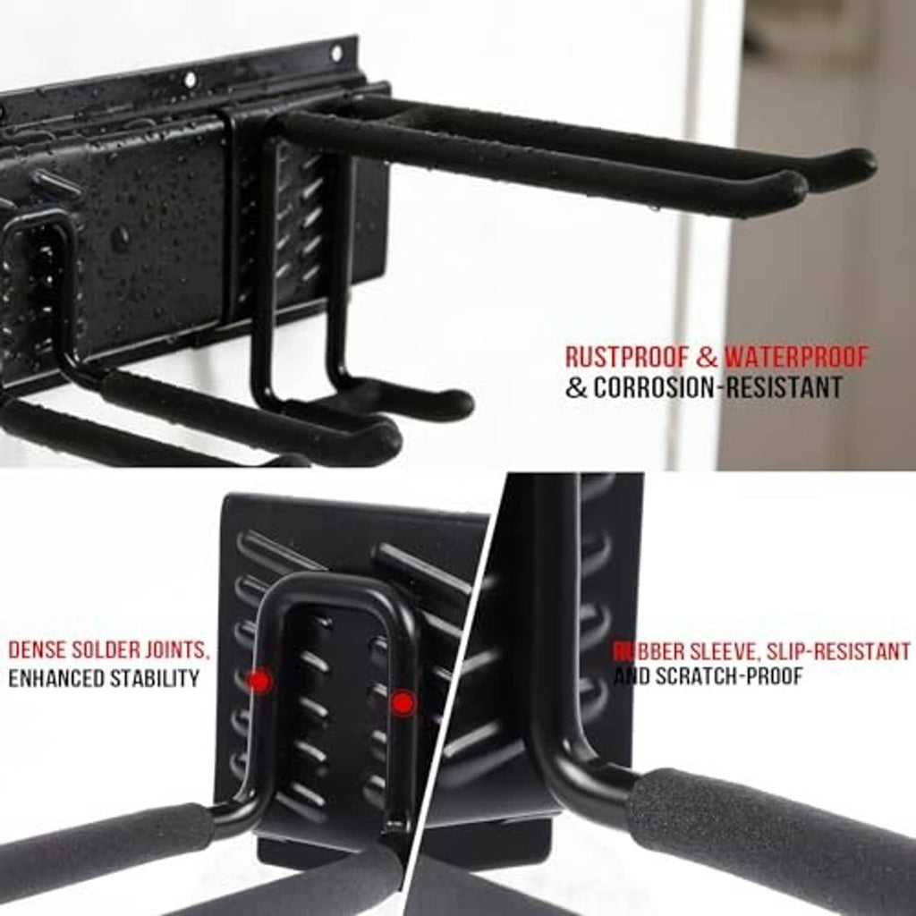 Close-up of black rustproof, waterproof hooks with rubber sleeves on wall-mount rack