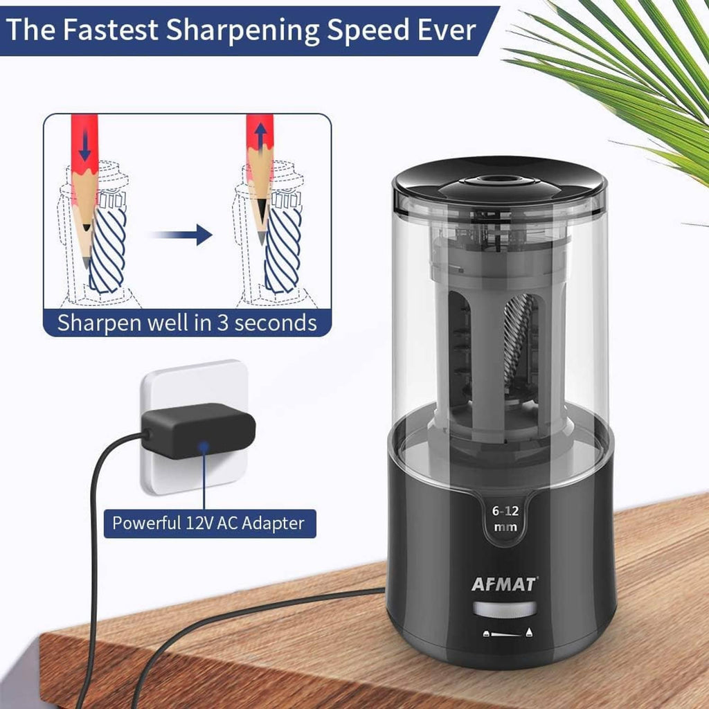 Plug-in electric pencil sharpener with clear chamber on a desk