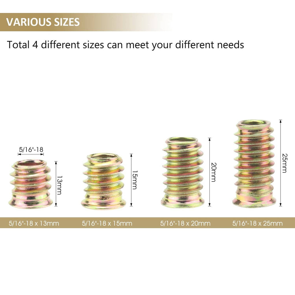 Zinc-plated threaded nut inserts shown in four lengths with hex openings
