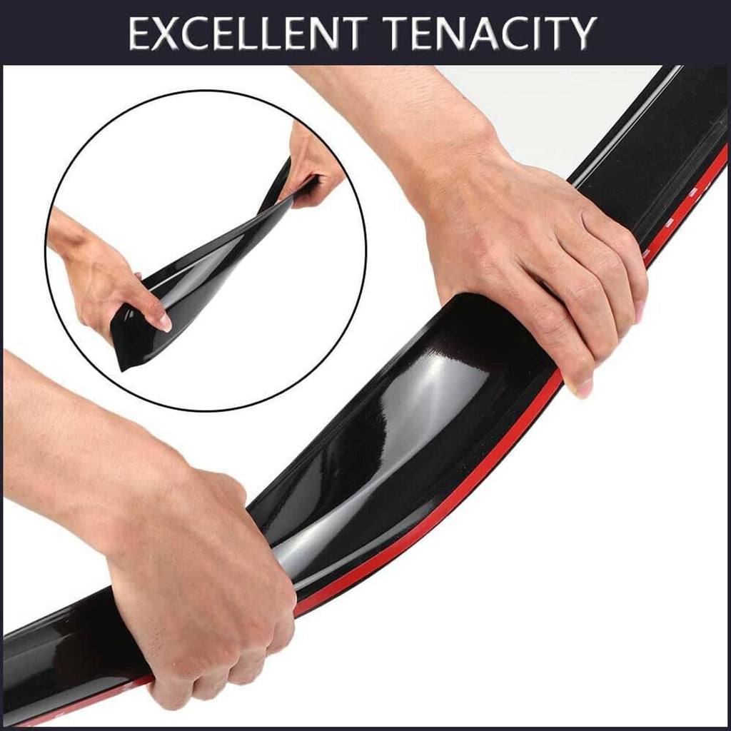 Hands installing a black in-channel window visor with red trim strip