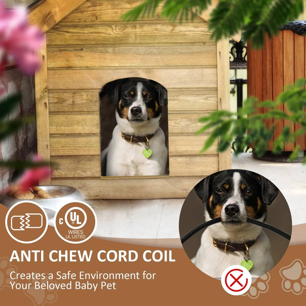 Dog house heater with anti-chew cord coil shown in close-up inset