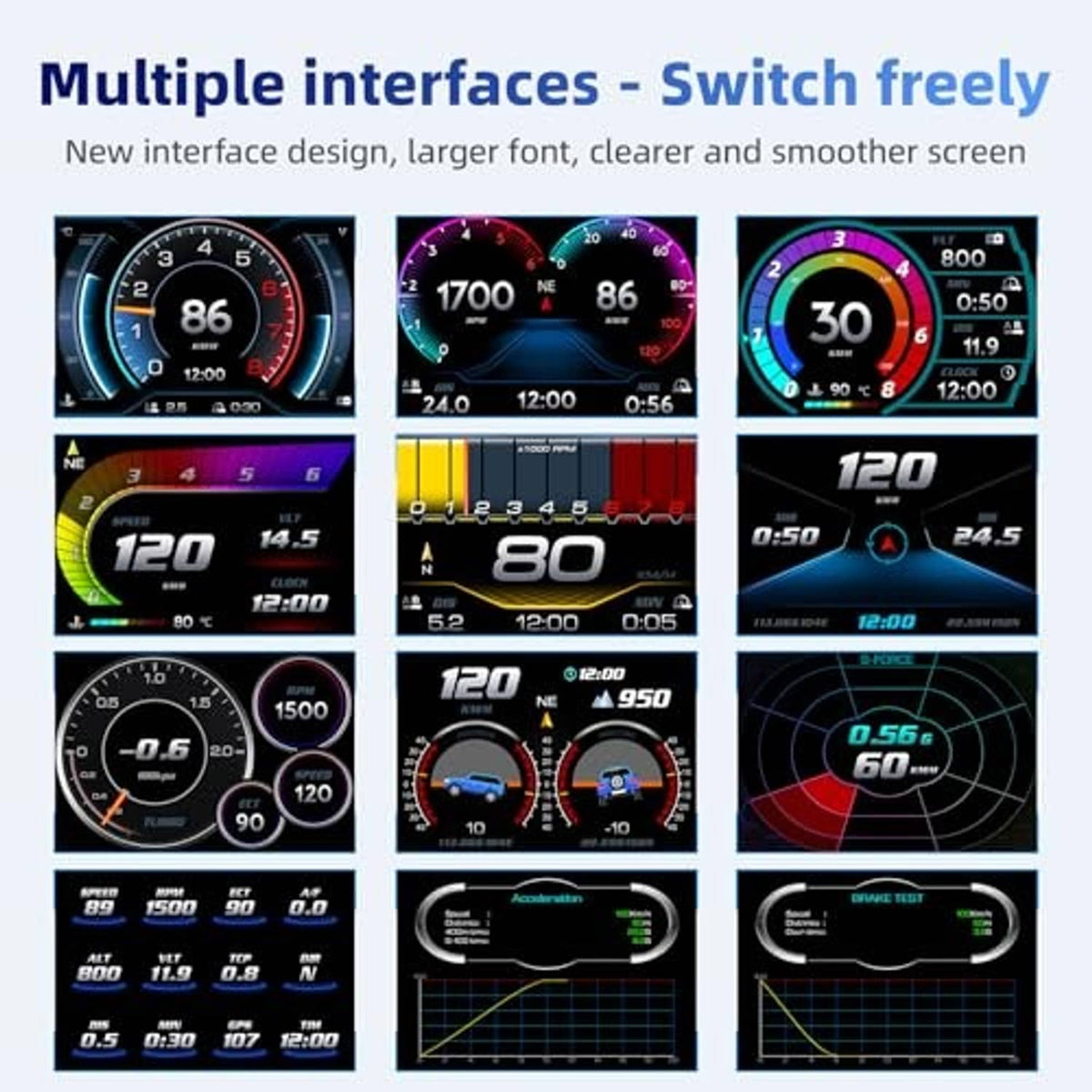Car HUD display with multiple meter layouts and speed, RPM, and fuel graphs