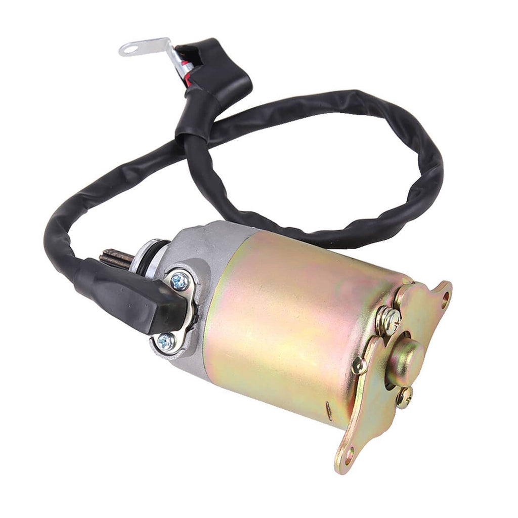 Starter motor with black wiring harness and mounting bracket, cylindrical metal housing