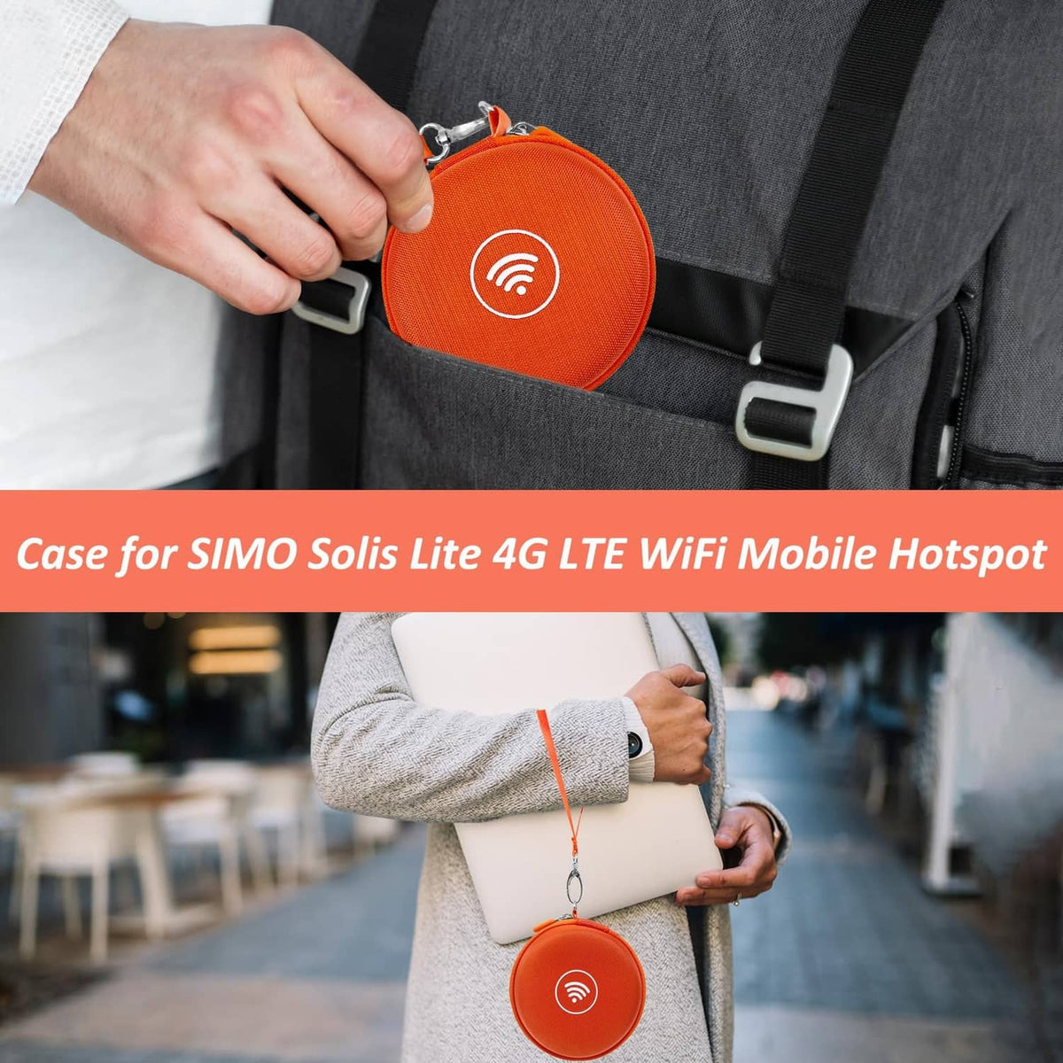 Orange round carrying case with strap and metal buckle, close-up of hand holding the case