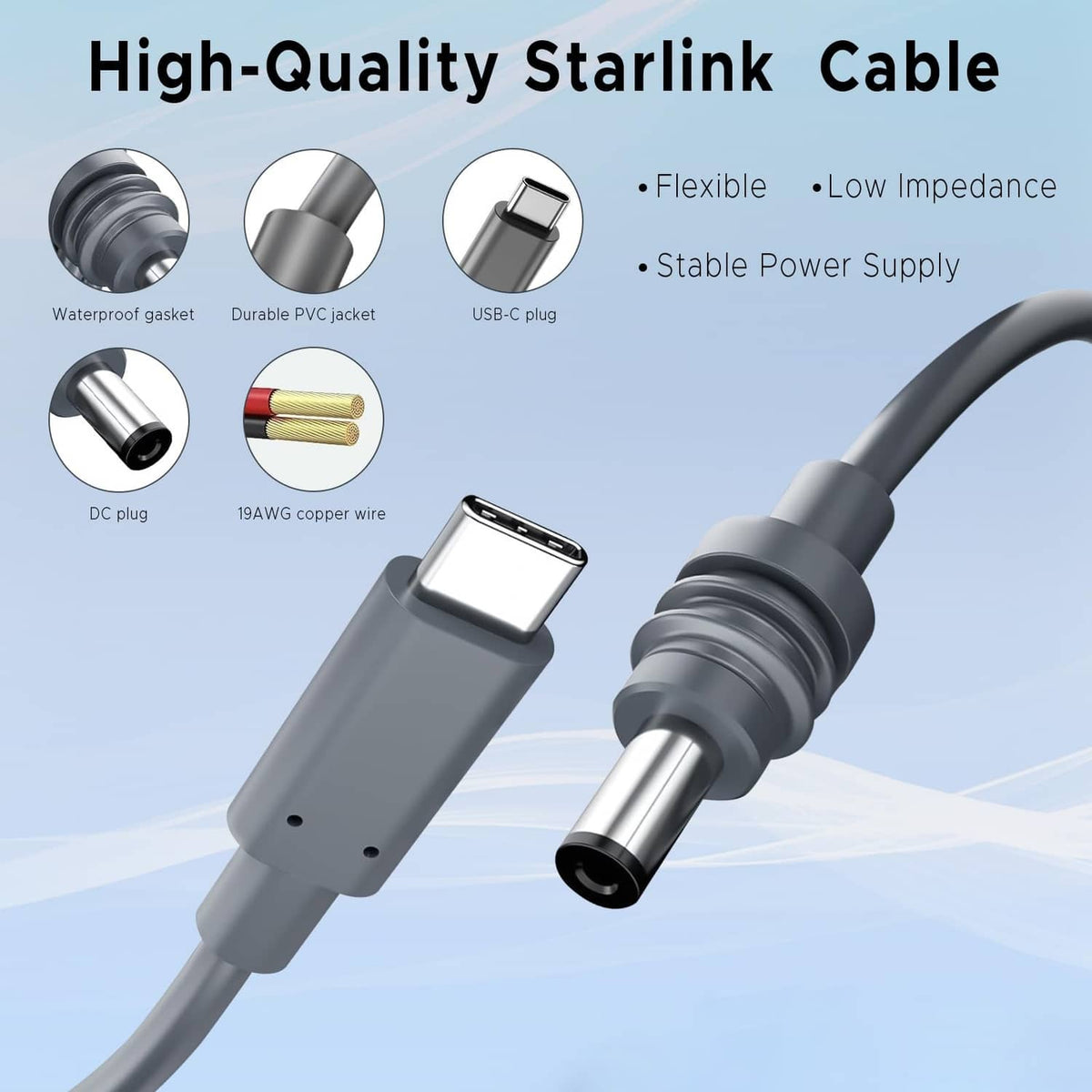 Grey USB-C to DC power cable, showing USB-C plug and cylindrical DC connector
