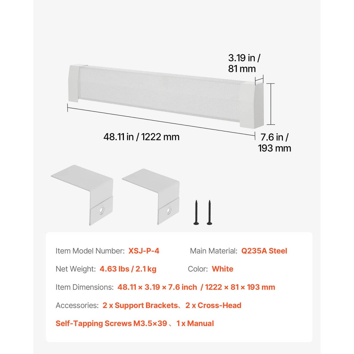 White baseboard heater cover with two L-shaped support brackets and screws shown