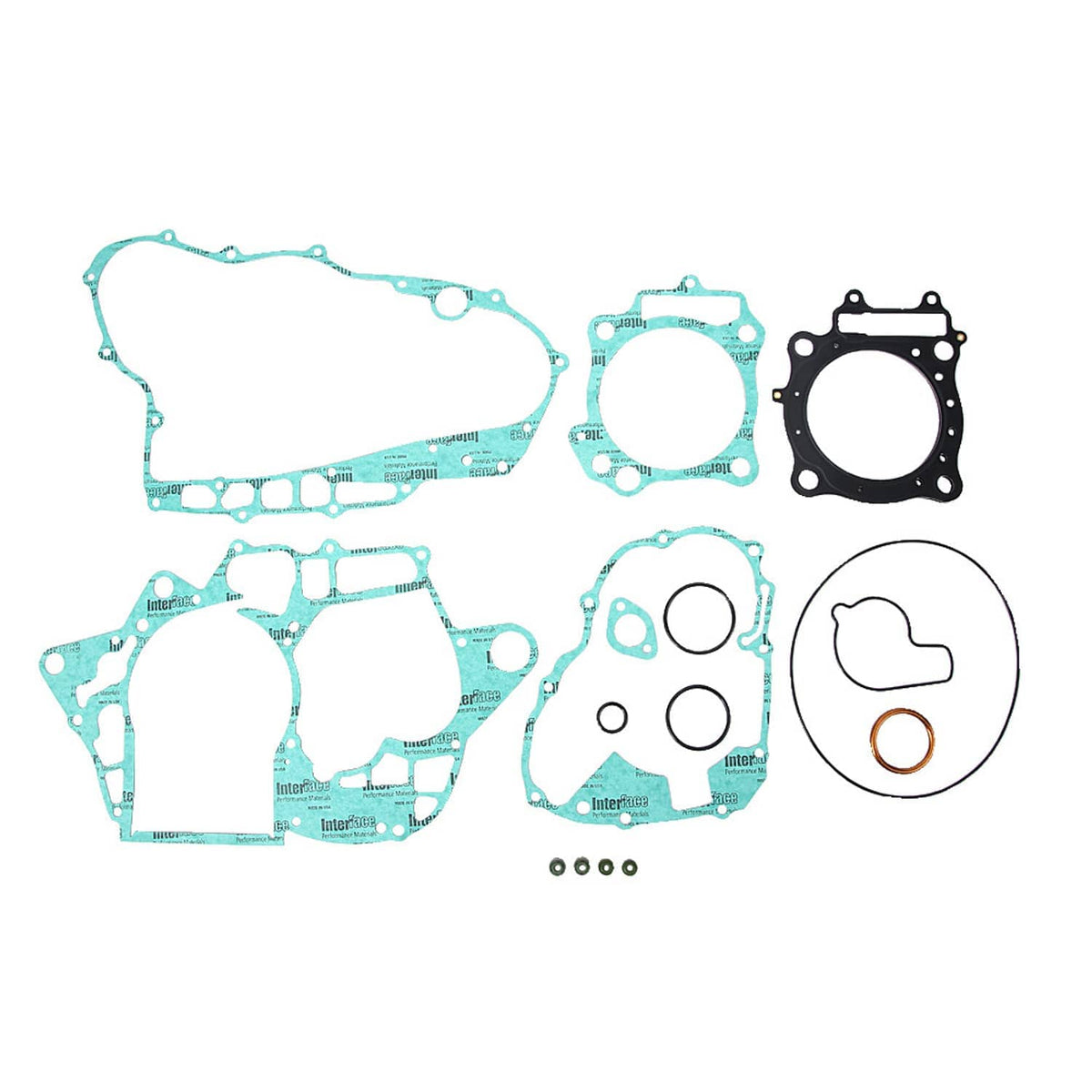 Cylinder head gasket set with blue gasket pieces, black gasket plate, and seal rings