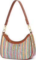 Multicolor woven hobo shoulder bag with brown leather handles and gold-tone hardware.